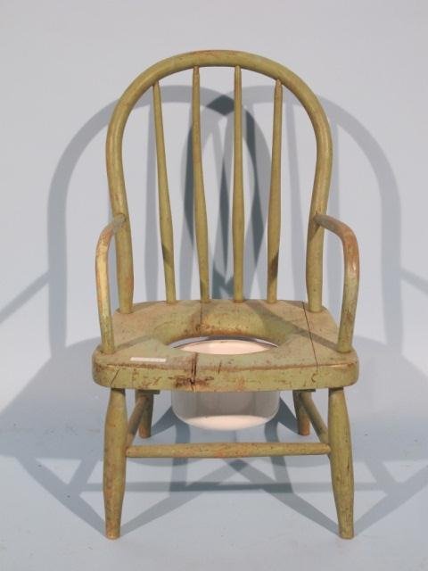 Good 19th C. Painted Child's Potty Chair: Good 19th C. Painted Child's Potty Chair with Original White Enamel Bowl, Original Green Paint, American 24" Ht x 13 1/2" L x 13" D.