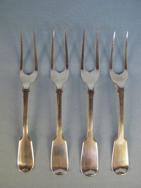 Four Early Victorian Silver Meat Forks: Four Early Victorian Silver Meat Forks with Rat Tail Handles. two Identical Sterling Forks WM into a rectangle under a crown - William Marshall, Edinburgh, Scotland c. 1860 hallmark, sharply struck ha