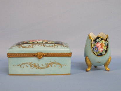 Limoges France Hand Painted Porcelain Box & Vase: Limoges France Hand Painted Matching Porcelain Box & Vase: Small Gold Leaf Footed Egg Shaped Vase 3 1/4"Ht: Hand Painted Porcelain Hinged Box with Metal Bending. Both items Signed Limoges France,