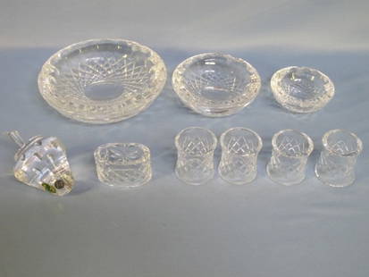 Waterford Crystal Ashtrays, Paperweight & Napkin: Waterford Crystal Ashtrays, Paperweight & Napkin Holders: Set of 3 Ashtrays Marked Waterford, Strawberry Paperweight still has original paper label, 5 Napkin Holders.80