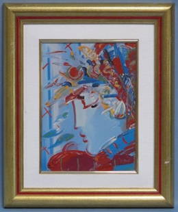 Peter Max, "Blushing Beauty": Peter Max, German/American (1937 - ), "Blushing Beauty", 1990, ceramic plaque, plaque: 10.25 in. x 7.5 in. , frame: 16.25 in. x 13.5 in., provenance: private collection of Mrs. Wilma Bruyere,