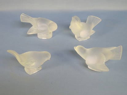 Set of Four Laligue Crystal Birds: Set of Four Laligue Crystal Birds, Clear and Frosted Glass, 3"-4"Ht, Signed Laligue France. Condition: One Bird has a large Chip on The End of The Wing.