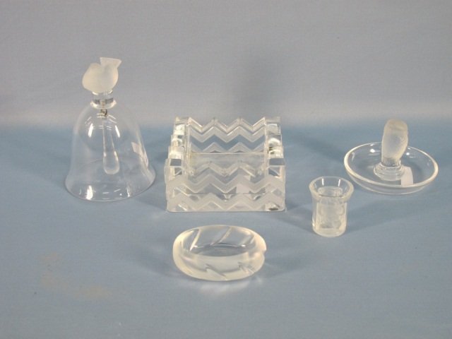 Five Laligue Crystal Items, Including: Five Laligue Crystal Items, Including One Laligue Table/Dinner Bell "Pinson", 5 1/4"Ht, Signed Lalique France; One Laligue "Enfants" Shot Glass / Cordial / Liquer Glass, 1 3/4"Ht, Signed Lalique Franc