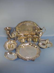 Assorted Lot Of 14 Silver Plated Items: Assorted Lot Of 14 Silver Plated Item: Large Heavy Footed Round Tray16 3/4"D, Large Heavy Oval Two Handle Tray 20"L x 14 1/2" W, Serving Plate with three way dividers and Handle on Top Baroque by