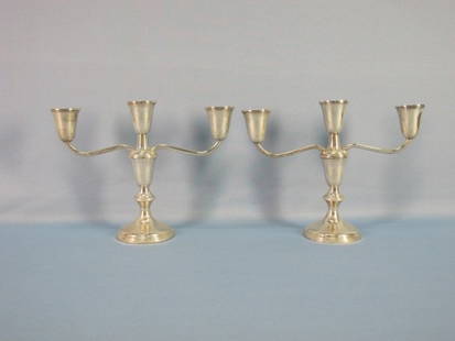 Pair Empire Weighted Sterling Silver Candleholders: Pair Empire Weighted Sterling Silver 3 Branch Candelabra Candle Holders 6 7/8"Ht x 9"L