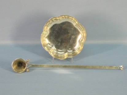 Sterling Candle Snuffer & Sterling Silver Bowl: Sterling Candle Snuffer & Sterling Silver Bowl; The snuffer is marked RR in circle 925 Hecho en Mexico, Samborns Mexico Sterling. 14 1/2"L: The Bowl is marked ANFER 925 Hecho en Mexico, stands on