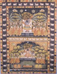 Large Framed Indian Pichwai Painting: Large Framed Indian Pichwai / Pechwai / Peshwah Painting, Gouache Polychrome Painting on Fabric 93 1/2"Ht x 71 1/2", India, provenance: private collection of Mr John Wiegman, Houston, Texas,USA.