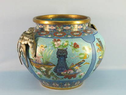 Chinese Cloisonne Fish Bowl With Bird Applique: Chinese Cloisonne Fish Bowl With Bird Applique; Flower Design Throughout with Two Applied Cloisonne Birds on Each Side. The bowl has a small enamel damage on the inside of the bowl, see pictures. Meas