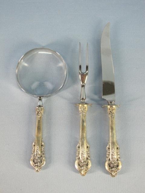 Wallace Baroque Sterling Serving Set & Magnifying: Wallace Grand Baroque Sterling Serving Set & Magnifying Glass. The Serving Set Consists of a Large Carving Knife with Sterling Hollow Handle and Stainless Blade 11"L and Meet Fork with Stainless Blade