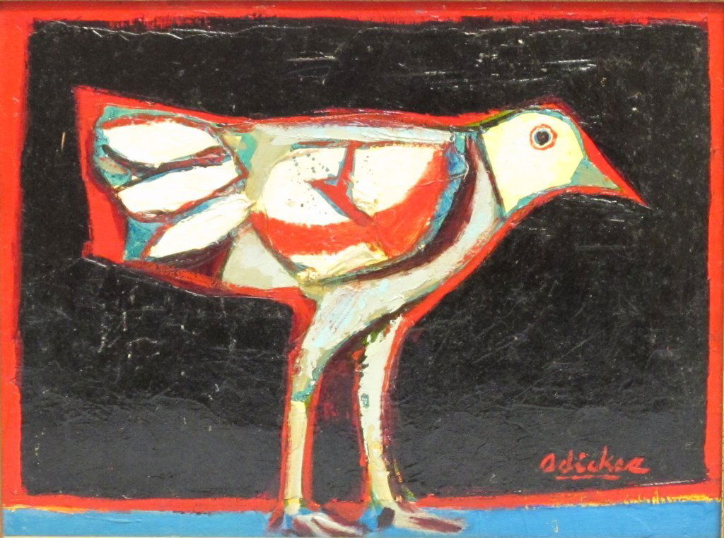 David ADICKES, "A Bird": David Pryor Adickes, Born in 1927, Texas, "A Bird", oil on board, signed lower right, board: 11.5 in. x 15.25 in., frame: 17.75 in. x 21.75 in., provenance: private collection of Mrs. Wilma Bruyere, H