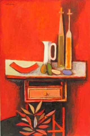 David ADICKES, "Ensemble on Table", 1967: David Pryor Adickes, Born in 1927, Texas, "Ensemble on Table", 1967, acrylic on board, signed upper left, board: 32 in. x 21 in., frame: 41 in. x 30.25 in., provenance: private collection of Mrs. Wilm