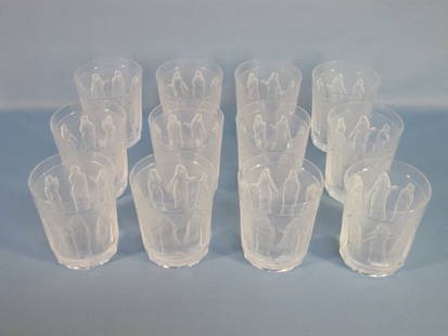 12 Lalique Crystal Femmes Antiques Goblets/Tumbler: 12 Lalique Crystal Femmes Antiques Goblets/Tumblers having frosted and clear glass depicting eight draped women. Tumblers # 13424. 8 Glasses are Etched Lalique France; 4 Glasses are Etched Lalique