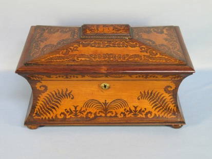 English Inlaid Rosewood Tea Caddy, circa 1860: English Inlaid Rosewood Tea Caddy, circa 1860, opening to two covered tea compartments and mixing well, brass Key Opening ( no key) Good Condition. 14 1/2"L x 8"Ht x 8"Deep