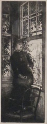 James TISSOT (1836-1902), "Au Bord de la Mer": James Jacques TISSOT, French, 1836-1902, "Au Bord de la Mer", 1880, original etching and dry point, signed upper right, matted and framed under glass, plate: 14.75 in. x 5.25 in., frame: 25 in. x 15.7