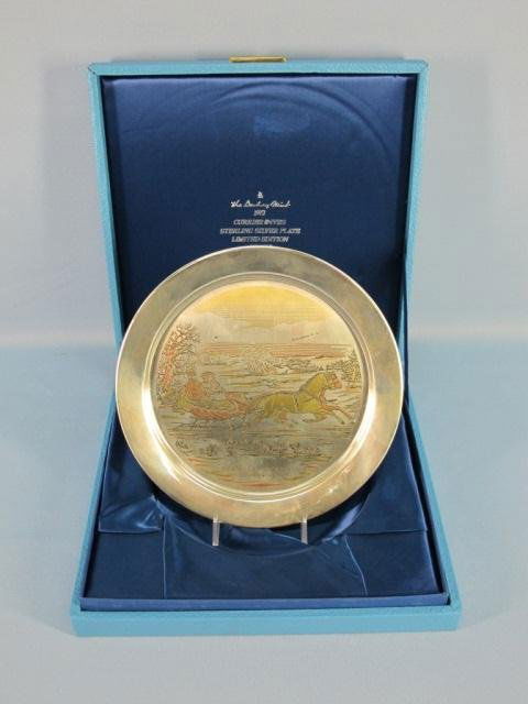 Danbury Mint Sterling Silver Collector's Plate: he Danbury Mint, 1972 "Currier & Ives" plate in original box. 8"D, 296/7500. Issued in 1972 in 24kt Gold on Solid Sterling Silver. 7.89 Troy Oz.