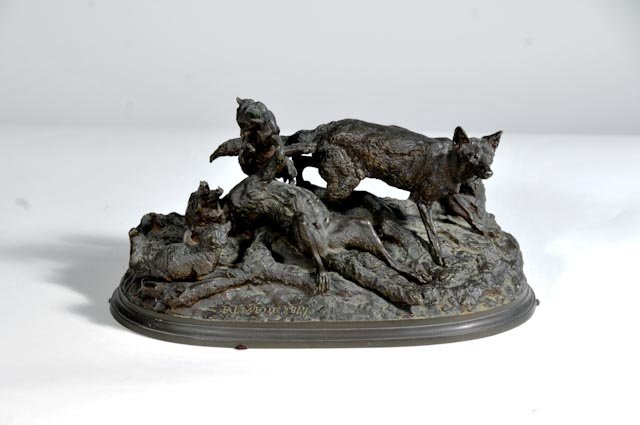 Bronze Sculpture “Famille des Renards”: Artist: Pierre Jules Mene {1810-1879}, signed “PJ Mene, 1817” H 6.75” | W 32.825” | D 7.375”