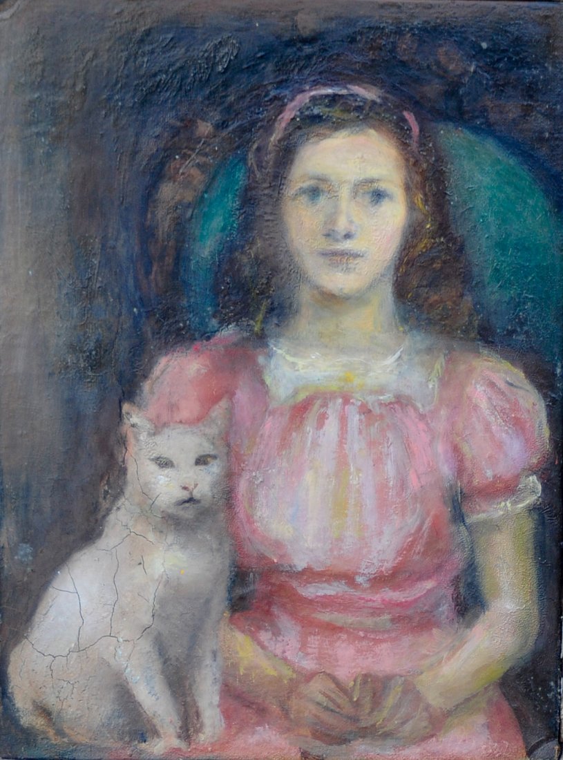 Oil on panel portrait of girl and cat: Artist: Grace Gemberling Keast [1903-1997], estate stamp on verso. H 12.25” | W 9.25”