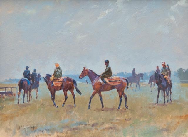 Oil on board entitled "Lining Up" by Peter Smith: Oil on Board "Lining Up" Artist: Peter Smith (1949 - ). Signed lower left. Titled on verso. Dimensions: Height 13.875" x Width 22.125"
