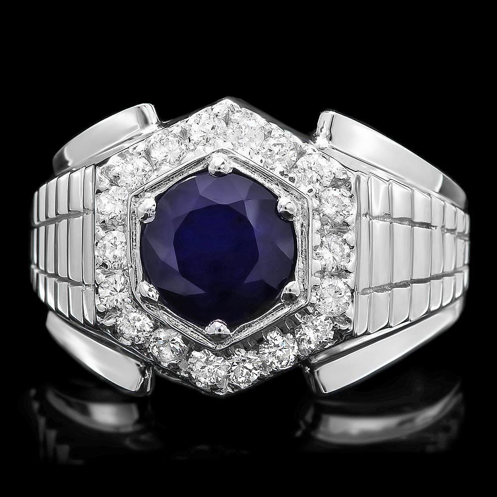 14k Gold 2ct Sapphire 0.60ct Diamond Mens Ring: This classic style mens ring is crafted in solid 14k White Gold and features a 2.00 carat Natural Sapphire mined from Sri Lanka + accented with 18 sparkling eye-clean natural diamonds, totaling 0.60 c
