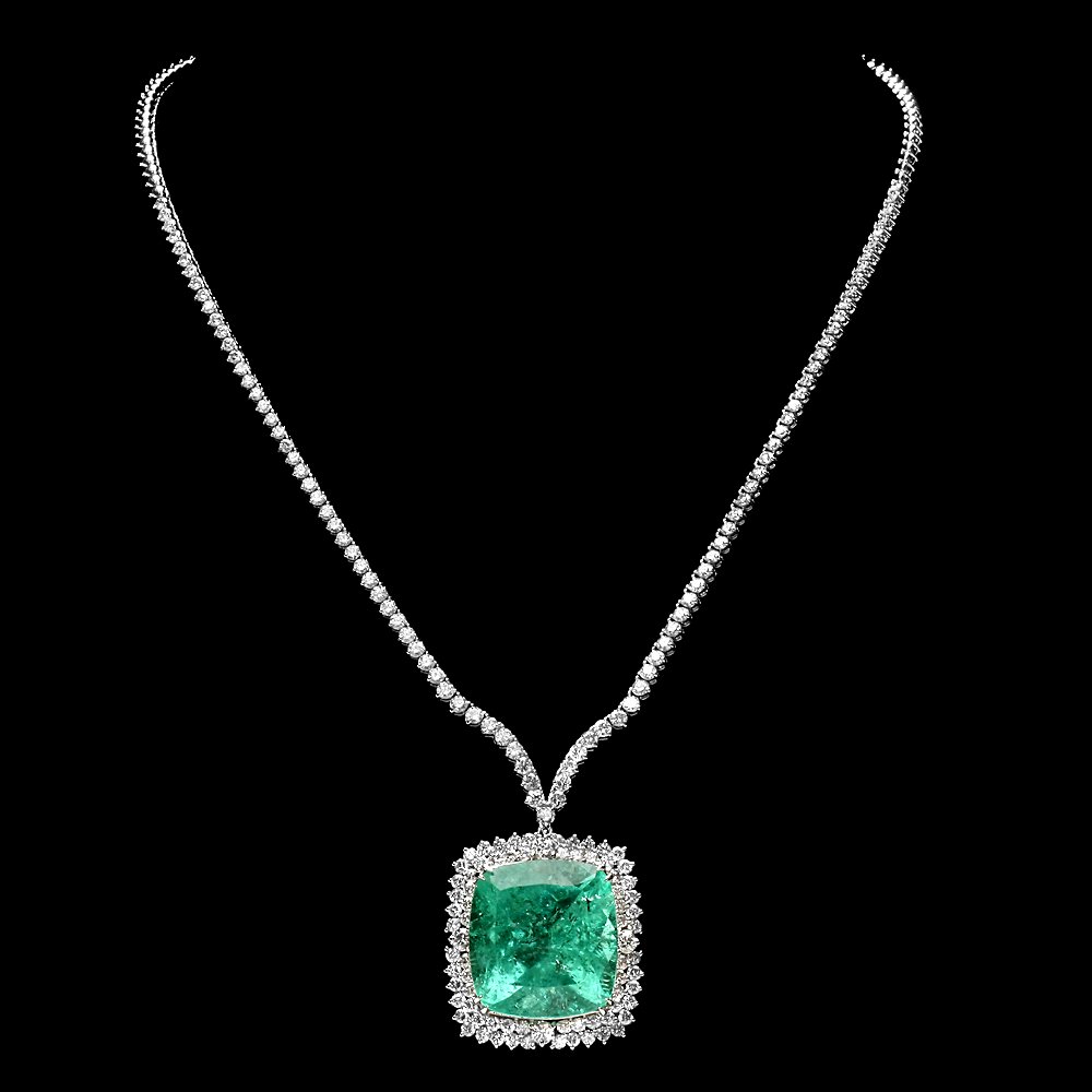 18k Gold 39.50ct Emerald 8ct Diamond Necklace: This luxurious ladies necklace is crafted in solid 18k White Gold and features a 39.50 carat 100% Natural Emerald mined from Colombia + accented with 172 sparkling eye-clean natural diamonds, totaling