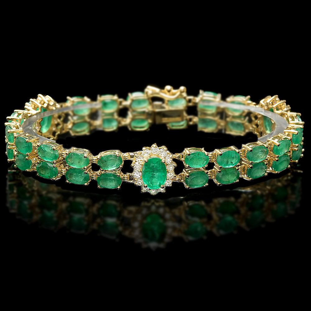 14k Gold 18ct Emerald 1.50ct Diamond Bracelet: This elegant ladies bracelet is crafted in solid 14k Yellow Gold and features 3 (3.50 ctw) 100% Natural Emeralds mined from Colombia + accented with 14 sparkling eye-clean natural Diamonds, totaling 1