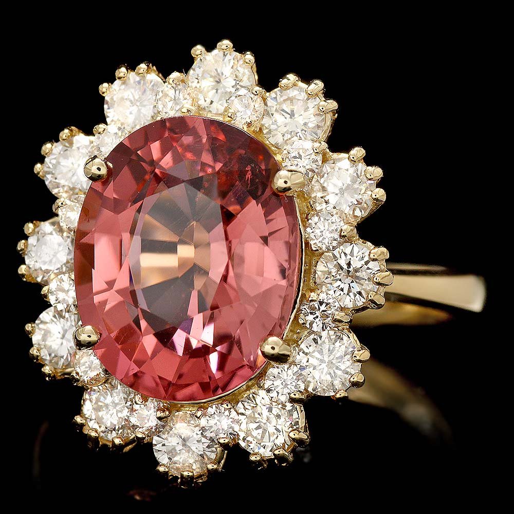 14k Gold 5ct Tourmaline 1.20ct Diamond Ring: This lovely ladies ring is crafted in solid 14k Yellow Gold and features a 4.50 carat 100% Natural Tourmaline mined from Brazil + accented with 24 sparkling eye-clean natural Diamonds, totaling 1.20 c