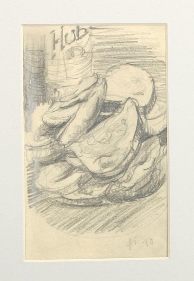 Tollmann, Günter 1926 - 1990: Studie mit geschnittenem Brot Bleistiftzeichnung aus dem Skizzenbuch von 1950. Re.u. monogr. und dat. (19)50. 22 x 13,5 cm. Im Passepartout.