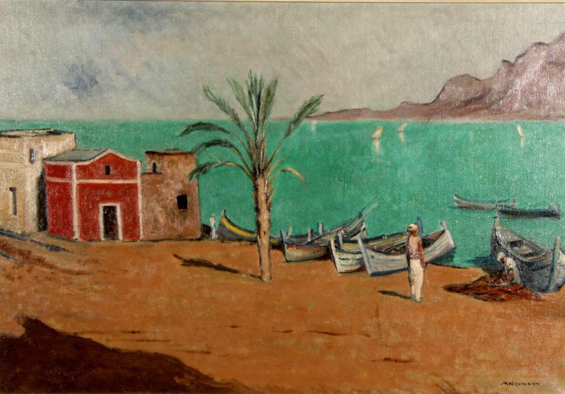 Neumann, Max: Südländische Meeresbucht Auf dem flachen Strand mit einer Palme und kleinen Häusern liegen Boote ein Fischer sitzt neben seinem Boot und flickt ein Netz. Re.u. sign. Öl/Lwd. 63 x 90 cm. R. A-Zeit-