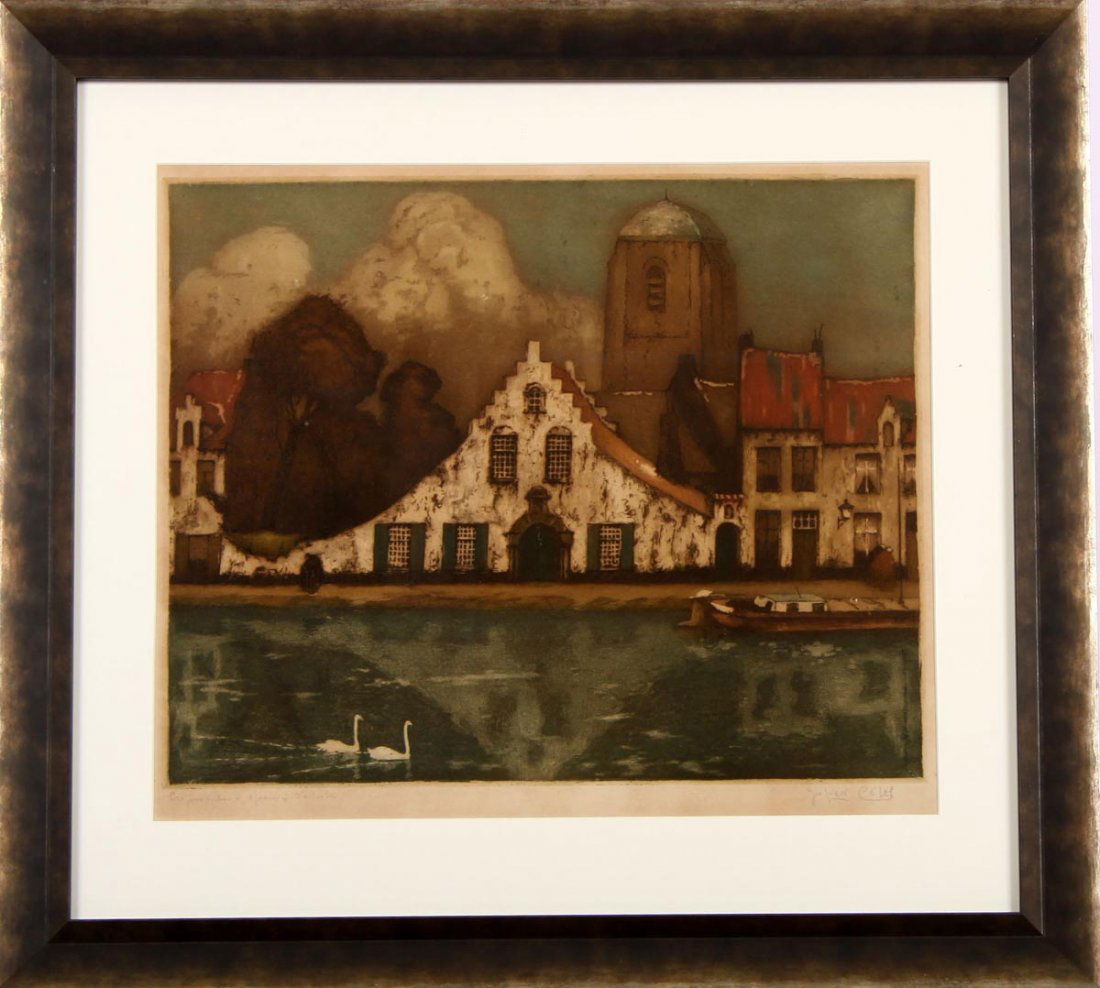Célos, Julien: 1884 - 1953, Belgischer Maler. "Alte Stadt am Fluß". Farbradierung. Am Ufer ein Boot, auf dem Fluß ein Schwanenpaar. Li.u. unleserl.bet., re.u. von Hand sign. Plattengr.: 35,5 x 42,5 cm.Unter Glas g