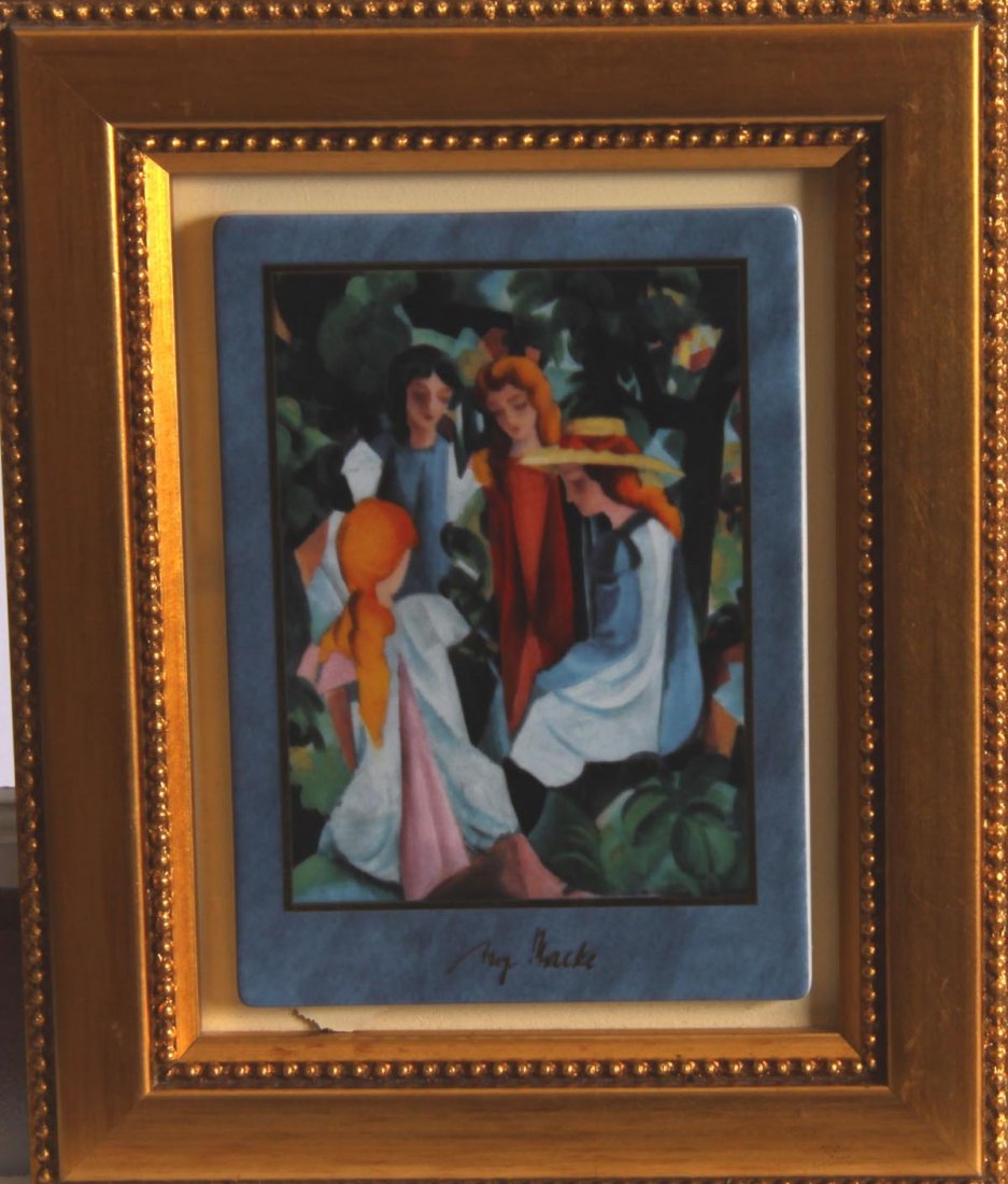 Goebel, Oeslau."Vier Mädchen": Porzellantafel polychrom dekoriert nach dem Gemälde von August Macke. 14,5 x 10,5 cm. R.