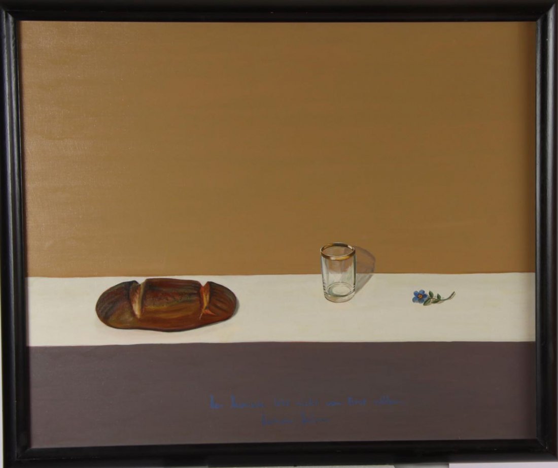 Moews, Dietmar: 1950 Lauenau - stud.u.a. Ingenieurwesen. "Der Mensch lebt nicht vom Brot allein". Stilleben mit Brot und Glas, kleine blaue Blüte. Unten Mitte bet., sign. Verso bez., dat. 1979 80 x 100 cm R.