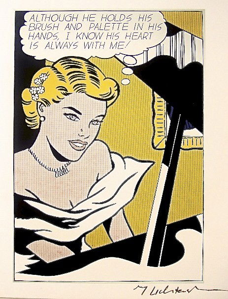 Roy LICHTENSTEIN, Offset Print, "Although he holds.: Offset Print by Roy Lichtenstein, "Although he holds...". Hand signed by Lichtenstein in felt pen. From a signed VIP -exhibition catalog / New York, Abbeville Press. 2. Edition from 1984: Cross River