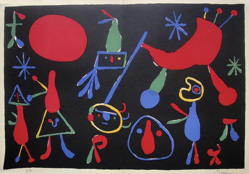 JOAN MIRO, Hand Signed Original Lithograph, 1954: Beautiful hand signed Original Lithograph by Joan Miro, 1954. Hand signed by Miro, Signatur and E.A. in pencil. From a signed VIP book from 1954, Size: 12.2 x 18.1 in (31 x 46 cm), printed on the back