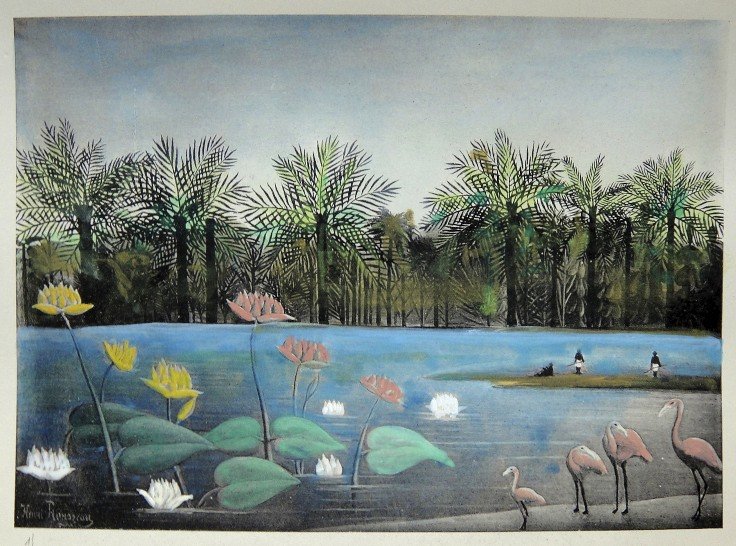 HENRI ROUSSEAU, hand colored and hand signed Lithog: Henri Rousseau's hand colored and signed in the plate Lithograph, "Les Flamants". This beautiful watercolor Lithograph was published in 1927 in the suite "Rousseau" by Christian Zervos. Signed in the 