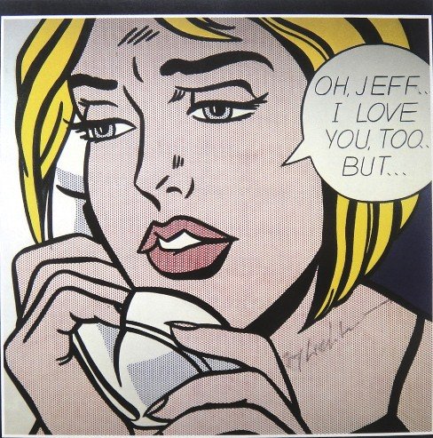 Roy LICHTENSTEIN, Offset Print, Portrait: Offset Print by Roy Lichtenstein, Portrait. Hand signed by Lichtenstein in felt pen. From a signed VIP -exhibition catalog / New York, Abbeville Press. 2. Edition from 1984: Cross River Press LTD. Pri