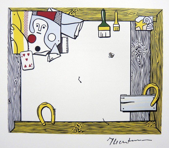 Roy LICHTENSTEIN, Offset Print, 1984: Offset Print by Roy Lichtenstein, 1984. Hand signed by Lichtenstein in felt pen. From a signed VIP -exhibition catalog / New York, Abbeville Press. 2. Edition from 1984: Cross River Press LTD. Printed