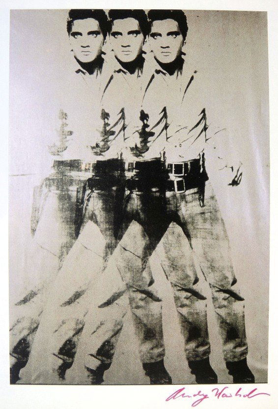 ANDY WARHOL, Special Print hand signed, "3 Elvis": Andy WARHOL, hand signed special Print "3 Elvis". From a signed VIP catalog form 1982. Hand signed by Andy Warhol in black pen. Wonderful artwork in good quality. Size: 9.6 x 7.9 in (25 x 20 cm), prin