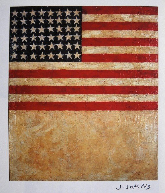 JASPER JOHNS, Signed Print, Flag above White: Robert RAUSCHENBERG, "Flag above White" hand-signed Offset Print. From an signed VIP-catalog published in 1982 by Nationalgalerie Berlin / Staatliche Museen Preussischer Kulturbesitz. Hand signed by J