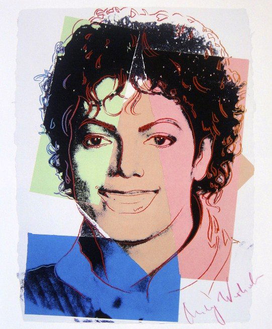ANDY WARHOL, Special Print hand signed, M. Jackson: Andy WARHOL, hand signed special Print "Michael Jackson". From a signed VIP catalog form 1982. Hand signed by Andy Warhol in red Creyon. Wonderful artwork in good quality. Size: 10,2 x 8,6 in (26 x 22