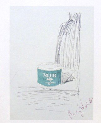 ANDY WARHOL, Special Print hand signed, 1982: Andy WARHOL, hand signed special Print "Samll Coffee-Tin". From a signed VIP catalog form 1982. Hand signed by Andy Warhol in red Creyon. Wonderful artwork in good quality. Size: 10,2 x 8,6 in (26 x 2