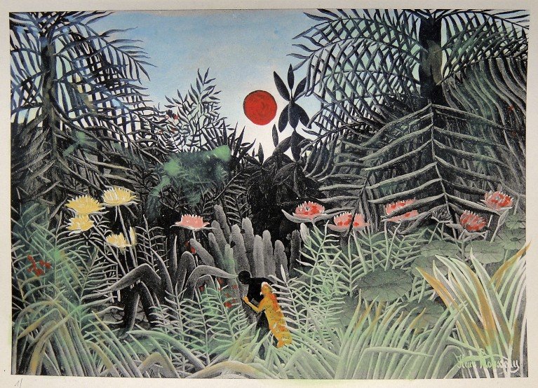HENRI ROUSSEAU, hand colored and hand signed Lithog: Henri Rousseau's hand colored and signed in the plate Lithograph, "Nègre attaqué par un léopard dans la forêt". This beautiful watercolor Lithograph was published in 1927 in the suite "Rousseau" b