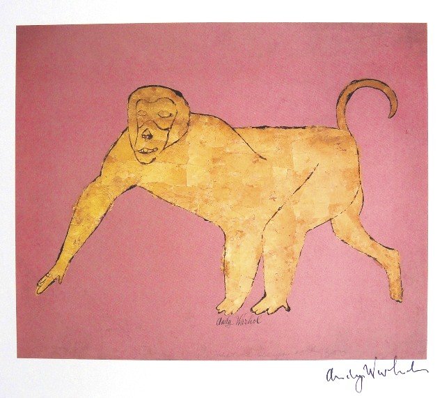 ANDY WARHOL, Signed Print, Monkey, 1982: Andy WARHOL, "Monkey", hand signed Offset Print. From a signed VIP-catalog from 1982. Hand signed by Andy Warhol in black pen. Size: 10.3 x 7.5 in (26 x 19 cm) printed on the back. Excellent condition