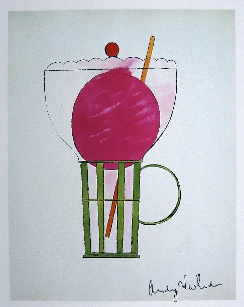 ANDY WARHOL, Signed Print, Ice Cream Dessert, 1982: Andy WARHOL, "Ice Cream Dessert", hand signed Offset Print. From a signed VIP-catalog from 1982. Hand signed by Andy Warhol in black pen. Size: 10.3 x 7.5 in (26 x 19 cm) printed on the back. Excellen