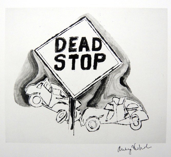 ANDY WARHOL, Signed Print, DEAD STOP, 1982: Andy WARHOL, "DEAD STOP", hand signed Offset Print. From a signed VIP-catalog from 1982. Hand signed by Andy Warhol in black pen. Size: 10.3 x 7.5 in (26 x 19 cm) printed on the back. Excellent condit