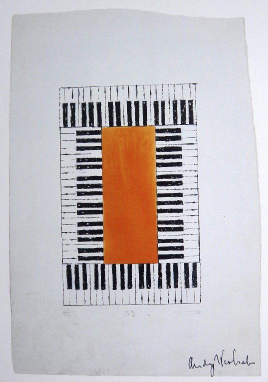 ANDY WARHOL, Signed Print, Piano Keys, 1982: Andy WARHOL, "Piano Keys", hand signed Offset Print. From a signed VIP-catalog from 1982. Hand signed by Andy Warhol in black pen. Size: 10.3 x 7.5 in (26 x 19 cm) printed on the back. Excellent condi