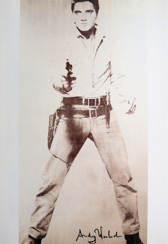 ANDY WARHOL, Signed Print, Elvis Presley, 1982: Andy WARHOL, "Elvis Presley", hand signed Offset Print. From a signed VIP-catalog from 1982. Hand signed by Andy Warhol in black pen. Size: 11.8 x 7.5 in (30 x 19 cm) printed on the back. Excellent co