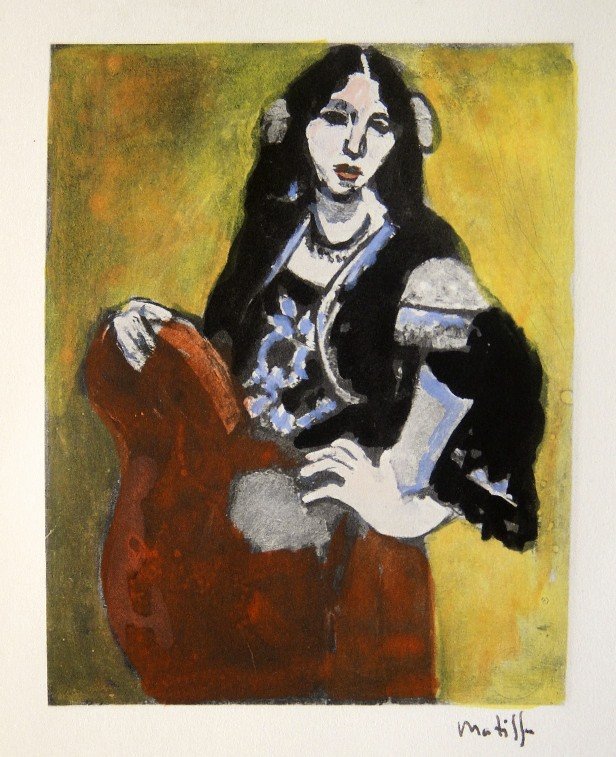HENRI MATISSE, Hand Colored Original Lithograph, L': Henri Matisse's original hand colored lithograph "L'Espagnole" was published in 1920. Hand signed by Henri Matisse in black ink. From the rare VIP volume "Henri Matisse", par Elie Faure, Jules Romains