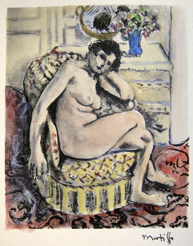 Henri MATISSE; Hand colored original lithograph; "N: Henri Matisse's original hand colored lithograph "Nu" was published in 1920. Hand sigend by Henri Matisse in black ink. From the rare VIP volume “Henri Matisse”, par Elie Faure, Jules Romains, Cha