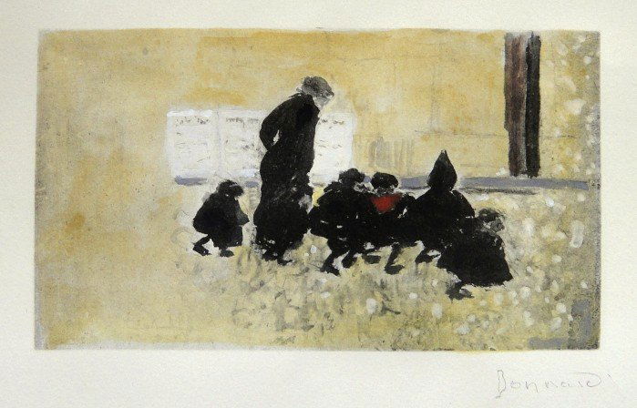 PIERRE BONNARD, hand colored and hand signed Lithog: Wonderful hand colored and signed Lithograph by Pierre Bonnard. Watercolor on beautiful hand made paper. "Les Enfants de L'École" was published in the rare suite "Bonnard" by Leon Werth, 1923. Editio