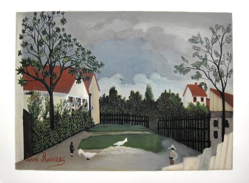 HENRI ROUSSEAU, Original Lithograph Signed in the : Henri Rousseau, "The chicken farm", Signed in the Plate Original Color Lithograph from 1962. Edition: Maeght, Paris. Provenience: Gallery Maeght, Paris. From Derrière le Miroir, 1962, "Der blaue Reit